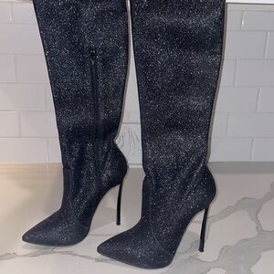 Casadei Over The Knee High Silver Glitter Black Boots 6.5 US